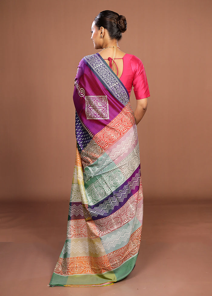 Purple Printed Pure Silk Saree Without Blouse Piece