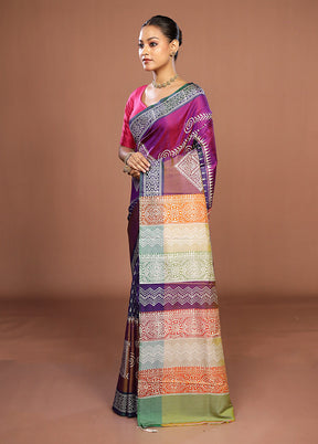 Purple Printed Pure Silk Saree Without Blouse Piece