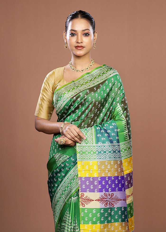 Green Printed Pure Silk Saree Without Blouse Piece