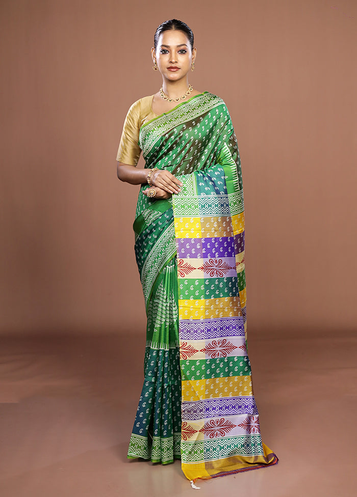 Green Printed Pure Silk Saree Without Blouse Piece