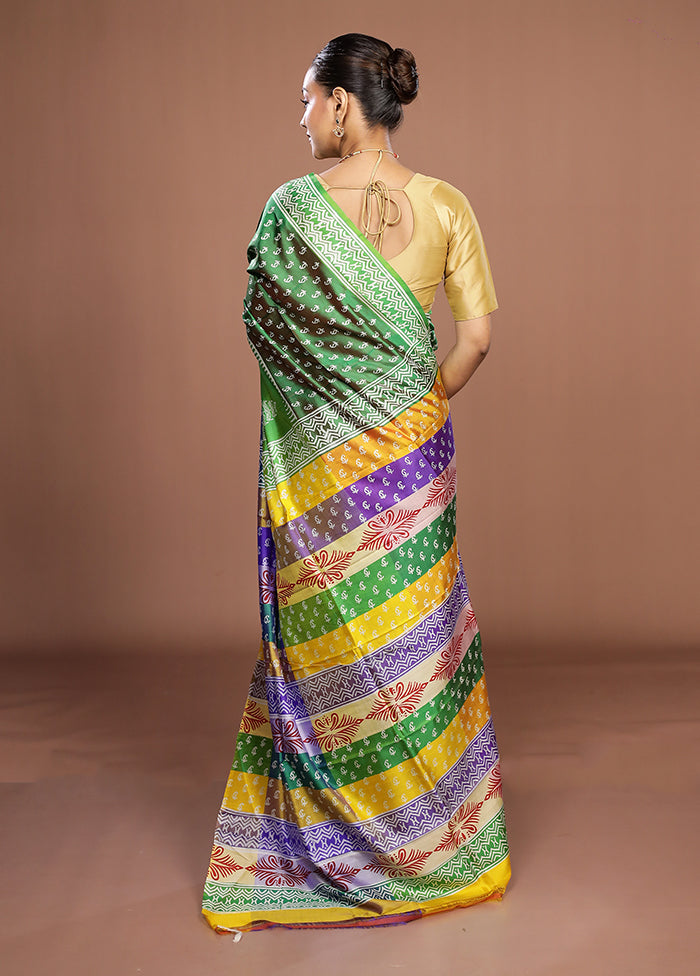 Green Printed Pure Silk Saree Without Blouse Piece