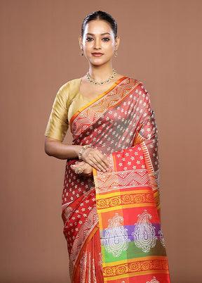 Red Printed Pure Silk Saree Without Blouse Piece