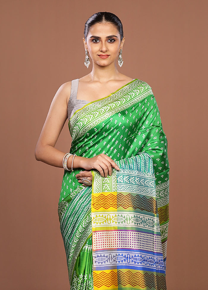 Green Printed Pure Silk Saree Without Blouse Piece