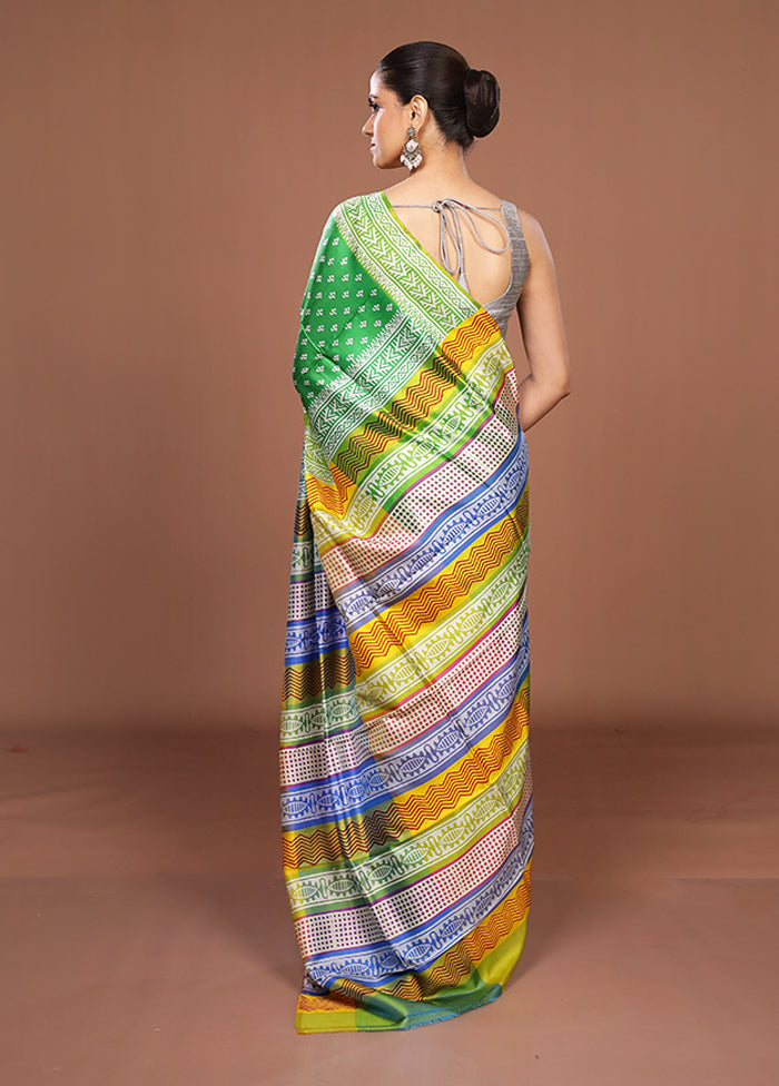 Green Printed Pure Silk Saree Without Blouse Piece