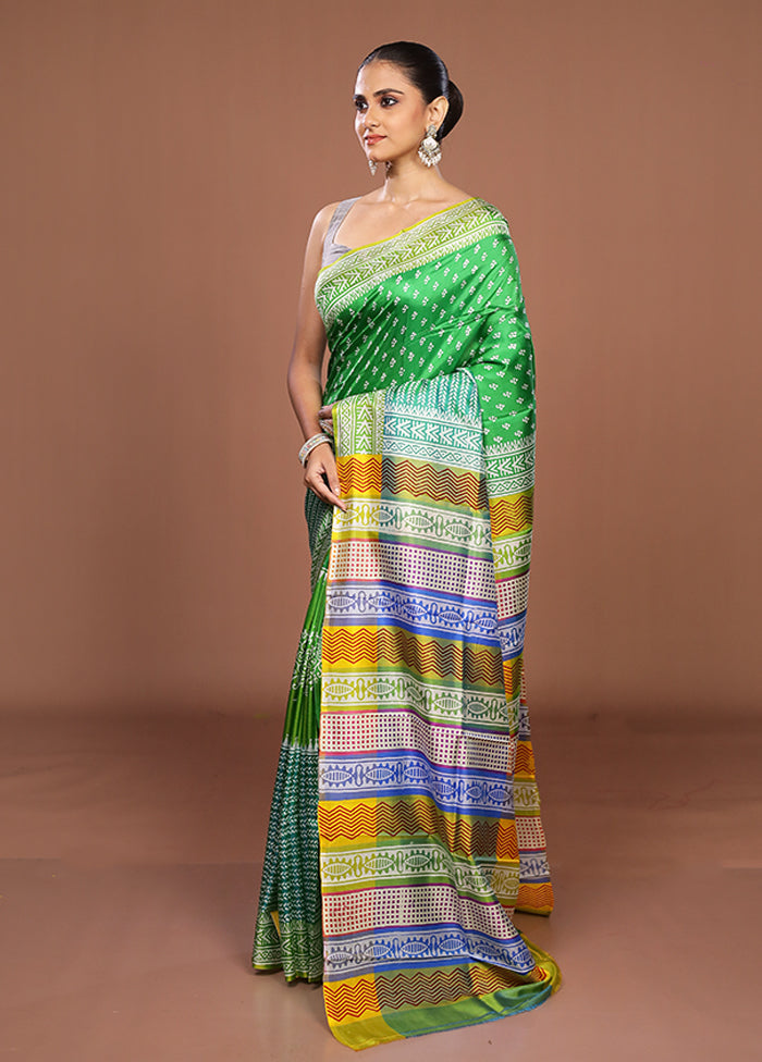 Green Printed Pure Silk Saree Without Blouse Piece