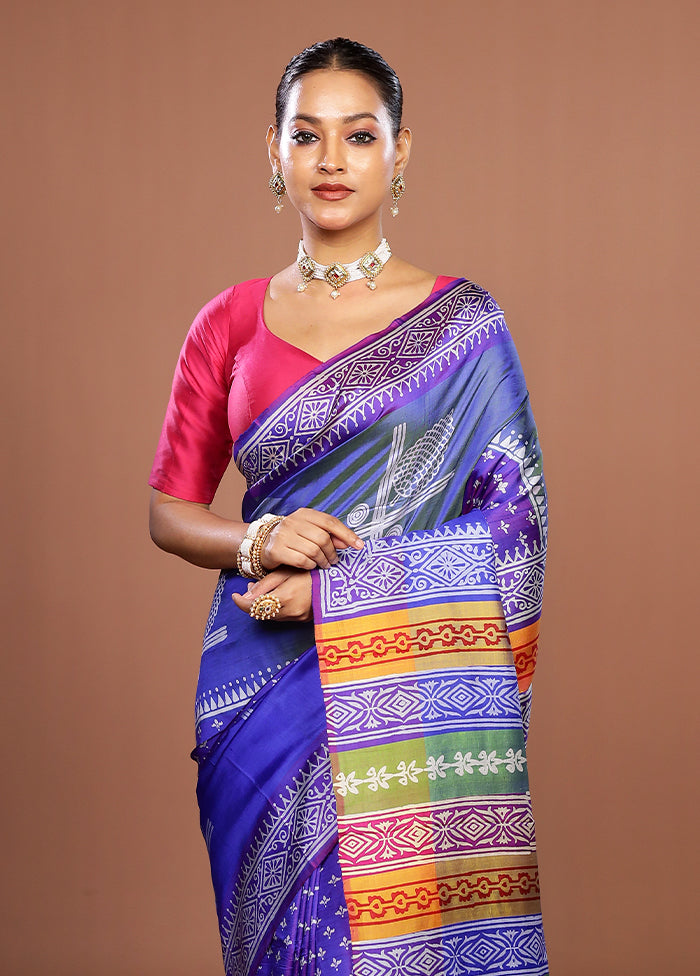 Blue Printed Pure Silk Saree Without Blouse Piece