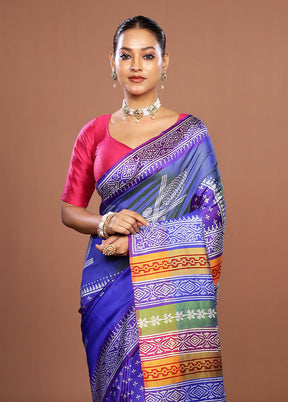 Blue Printed Pure Silk Saree Without Blouse Piece