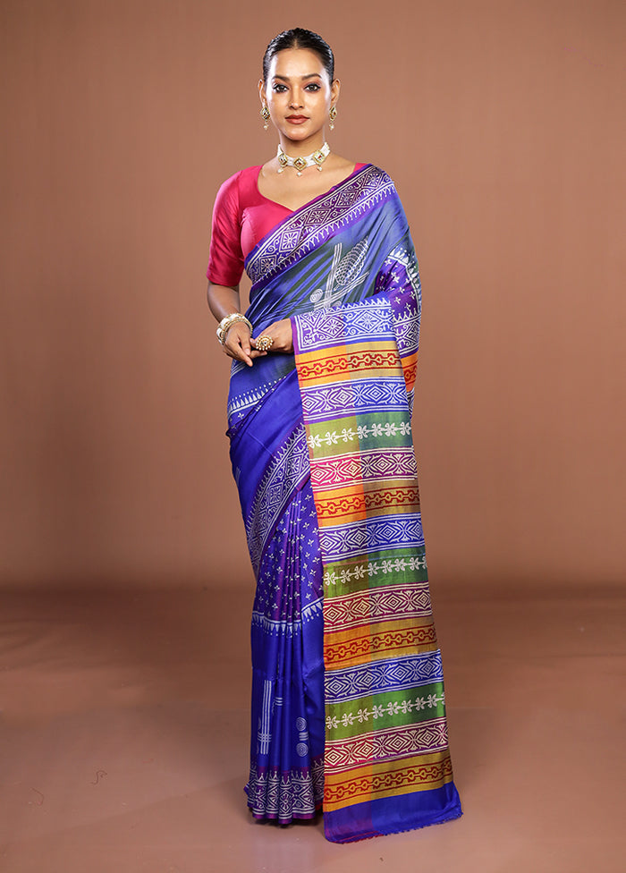 Blue Printed Pure Silk Saree Without Blouse Piece