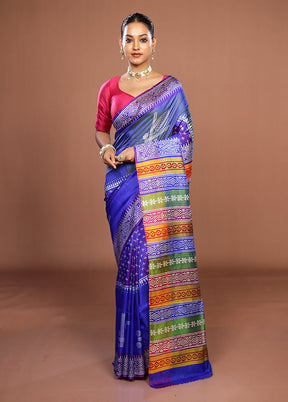 Blue Printed Pure Silk Saree Without Blouse Piece
