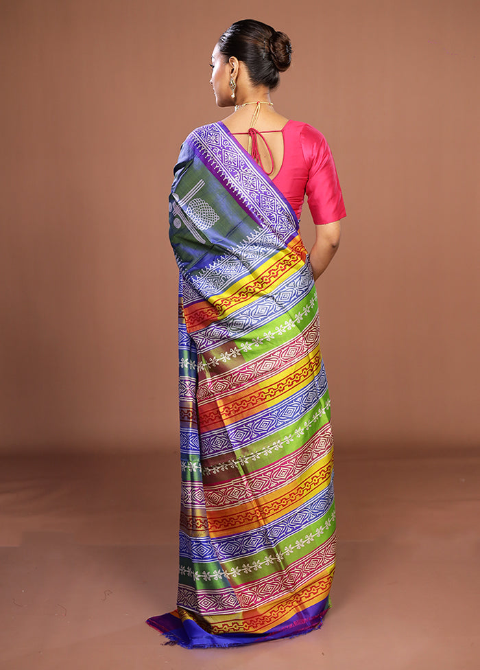Blue Printed Pure Silk Saree Without Blouse Piece