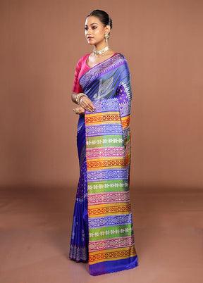 Blue Printed Pure Silk Saree Without Blouse Piece