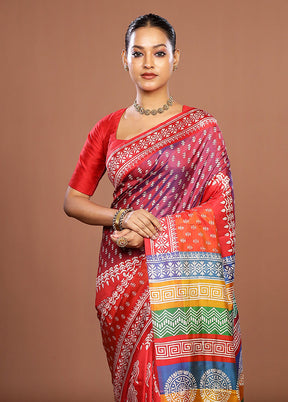 Rust Printed Pure Silk Saree Without Blouse Piece