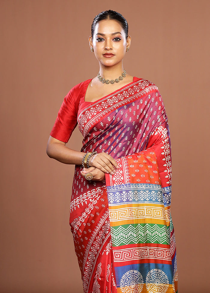 Rust Printed Pure Silk Saree Without Blouse Piece
