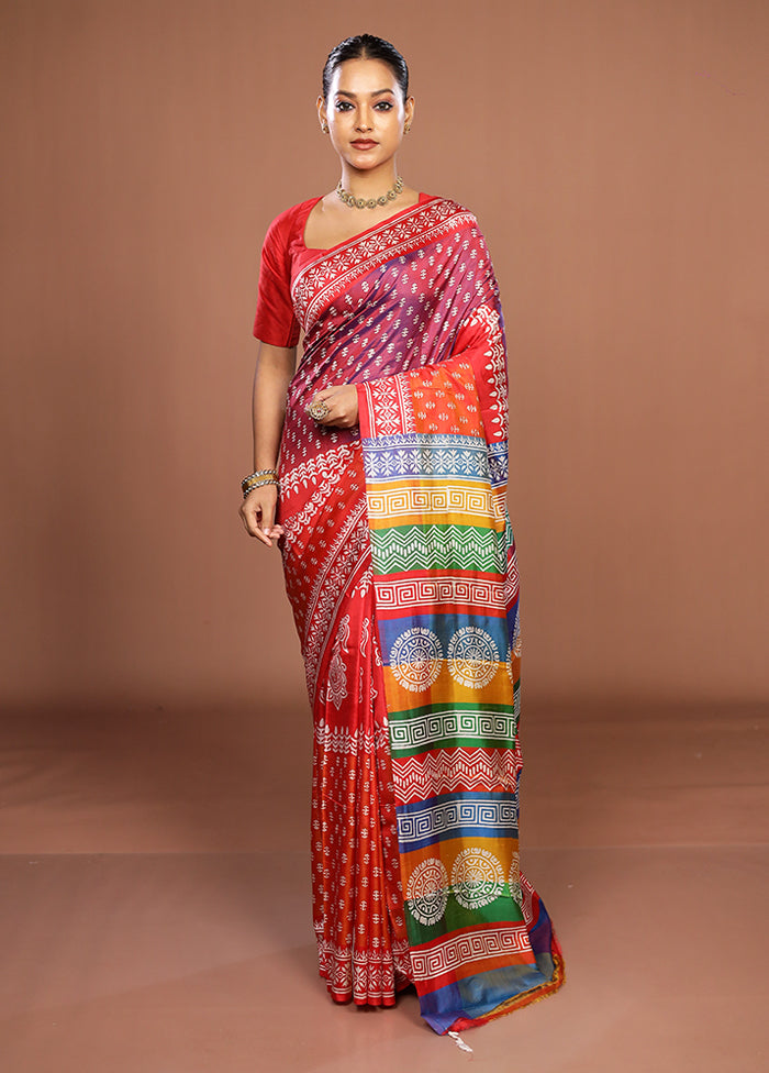 Rust Printed Pure Silk Saree Without Blouse Piece