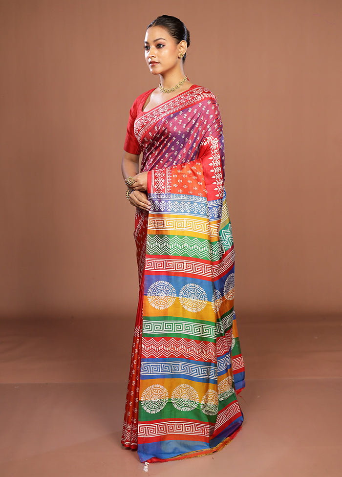 Rust Printed Pure Silk Saree Without Blouse Piece