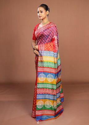 Rust Printed Pure Silk Saree Without Blouse Piece