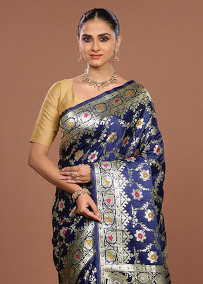 Blue Banarasi Silk Saree With Blouse Piece