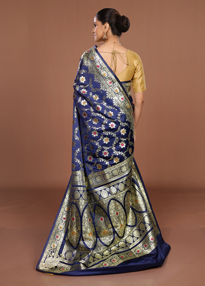 Blue Banarasi Silk Saree With Blouse Piece