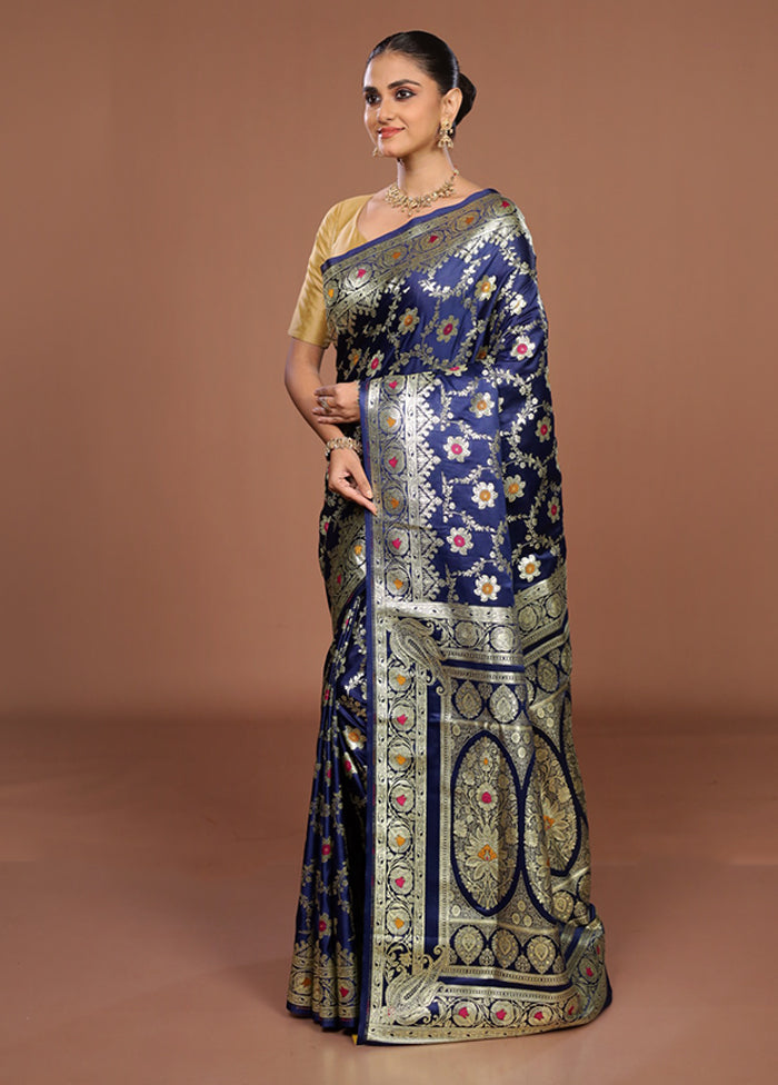 Blue Banarasi Silk Saree With Blouse Piece
