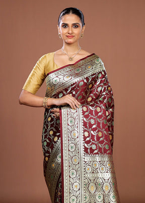 Maroon Banarasi Silk Saree With Blouse Piece