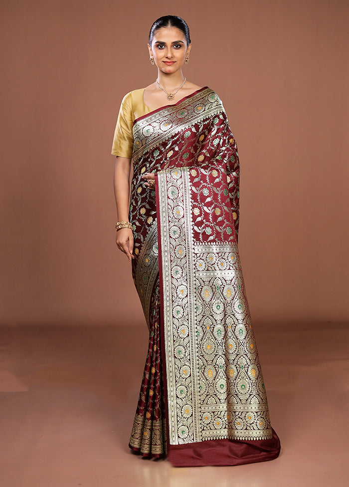 Maroon Banarasi Silk Saree With Blouse Piece