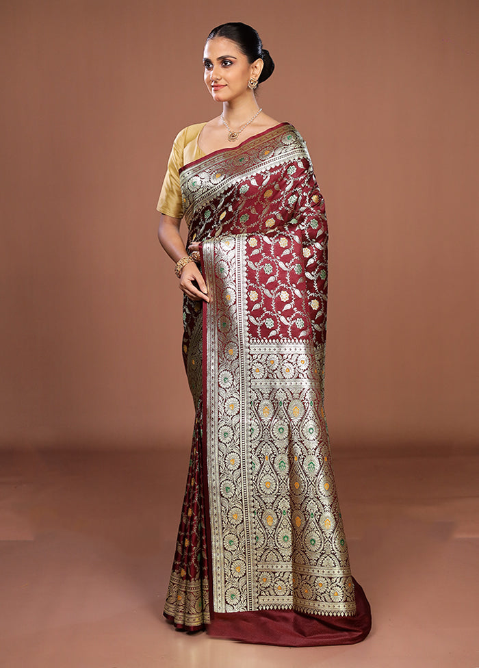 Maroon Banarasi Silk Saree With Blouse Piece