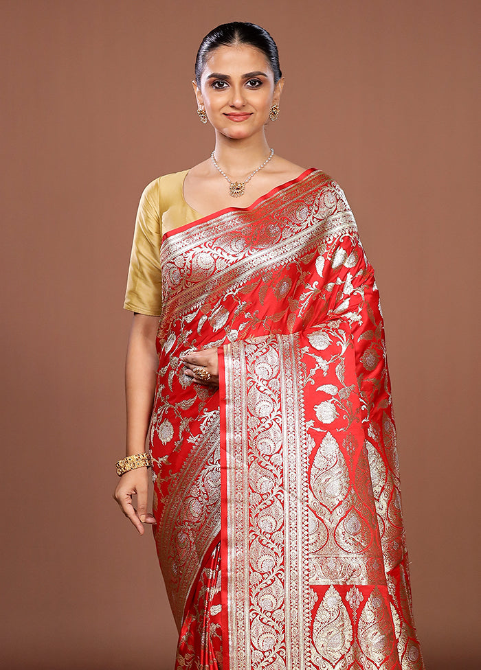 Red Banarasi Silk Saree With Blouse Piece