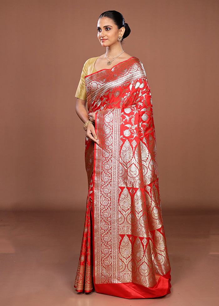 Red Banarasi Silk Saree With Blouse Piece