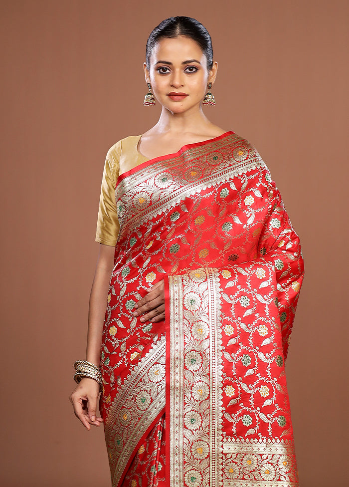 Red Banarasi Silk Saree With Blouse Piece