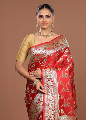 Red Banarasi Silk Saree With Blouse Piece