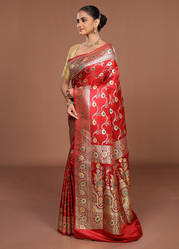Red Banarasi Silk Saree With Blouse Piece