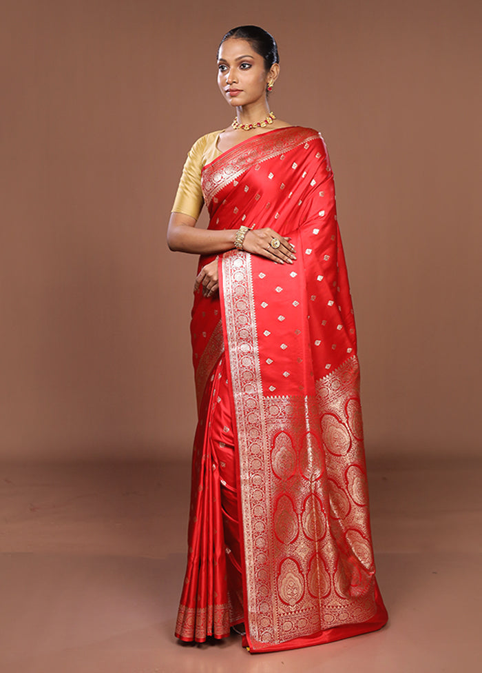 Red Banarasi Silk Saree With Blouse Piece