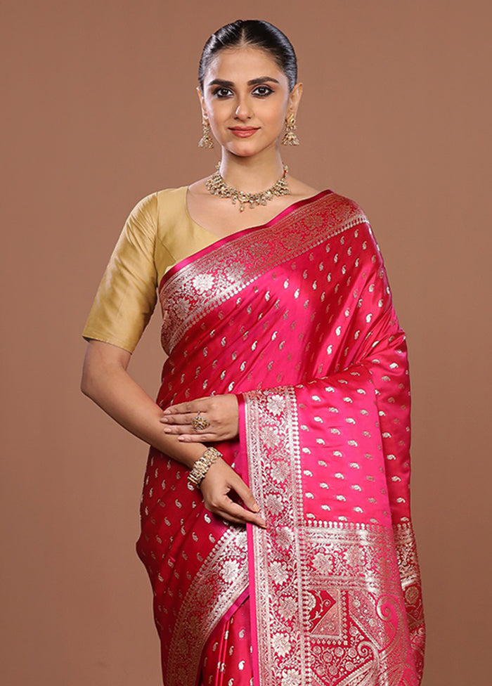 Pink Banarasi Silk Saree With Blouse Piece