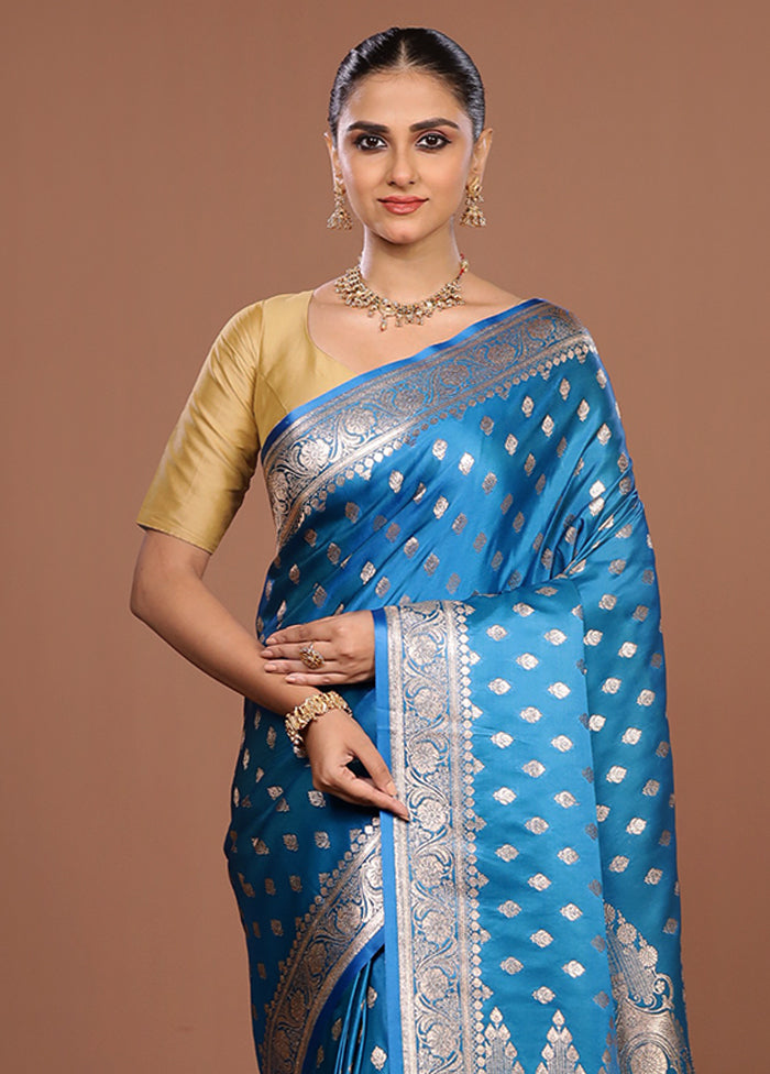 Blue Banarasi Silk Saree With Blouse Piece