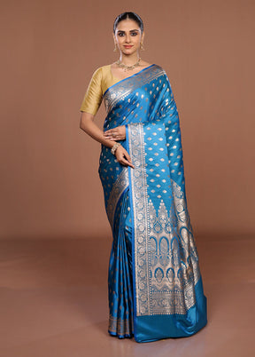 Blue Banarasi Silk Saree With Blouse Piece
