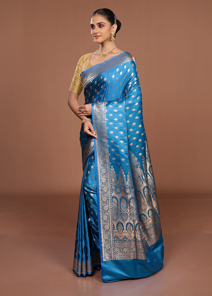 Blue Banarasi Silk Saree With Blouse Piece