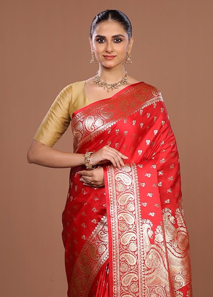 Red Banarasi Silk Saree With Blouse Piece