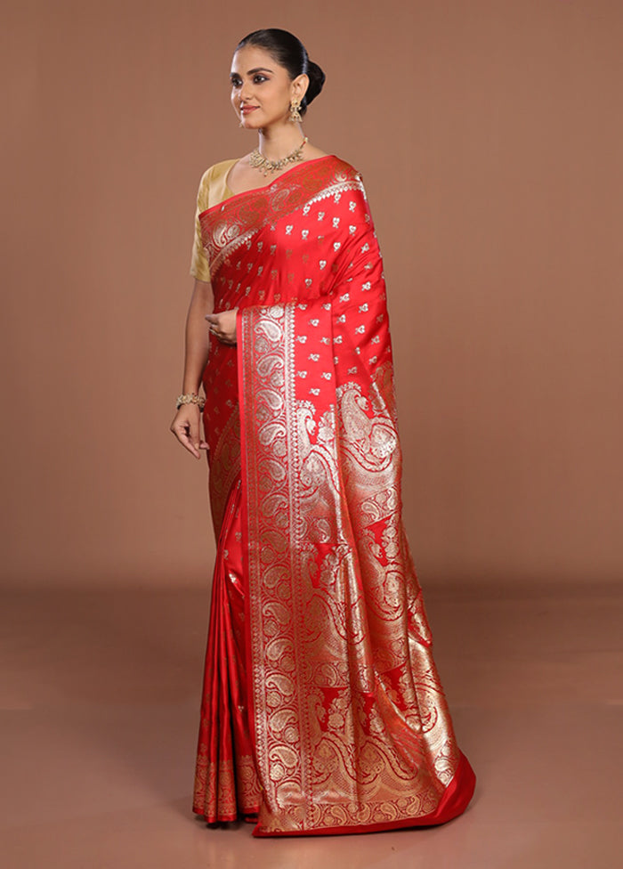 Red Banarasi Silk Saree With Blouse Piece