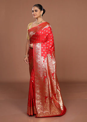 Red Banarasi Silk Saree With Blouse Piece