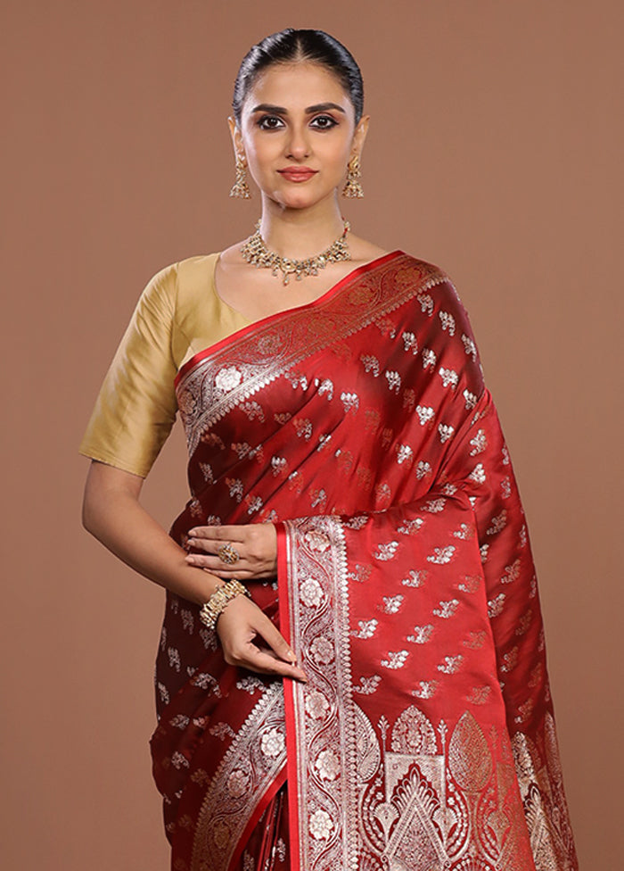 Maroon Banarasi Silk Saree With Blouse Piece