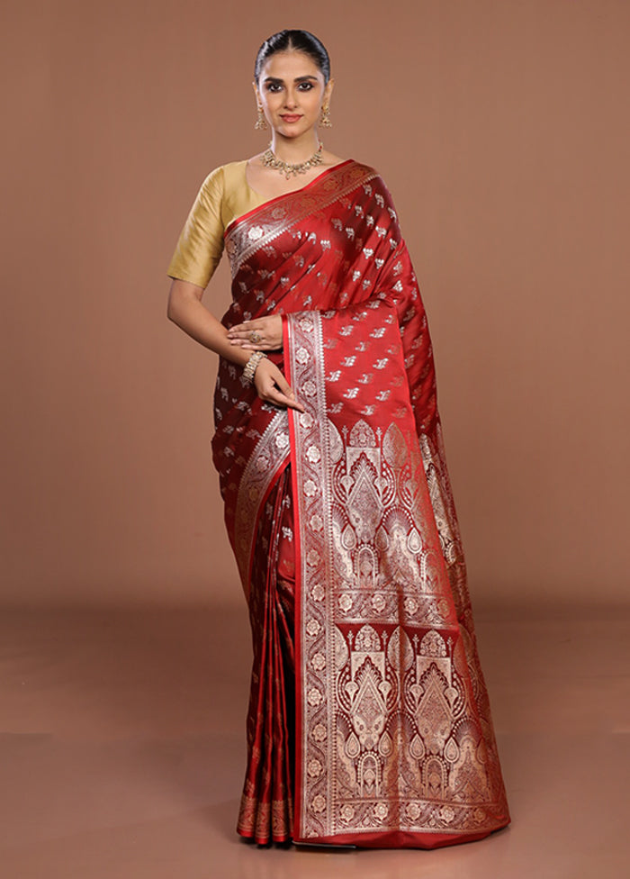 Maroon Banarasi Silk Saree With Blouse Piece