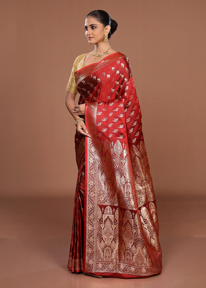 Maroon Banarasi Silk Saree With Blouse Piece