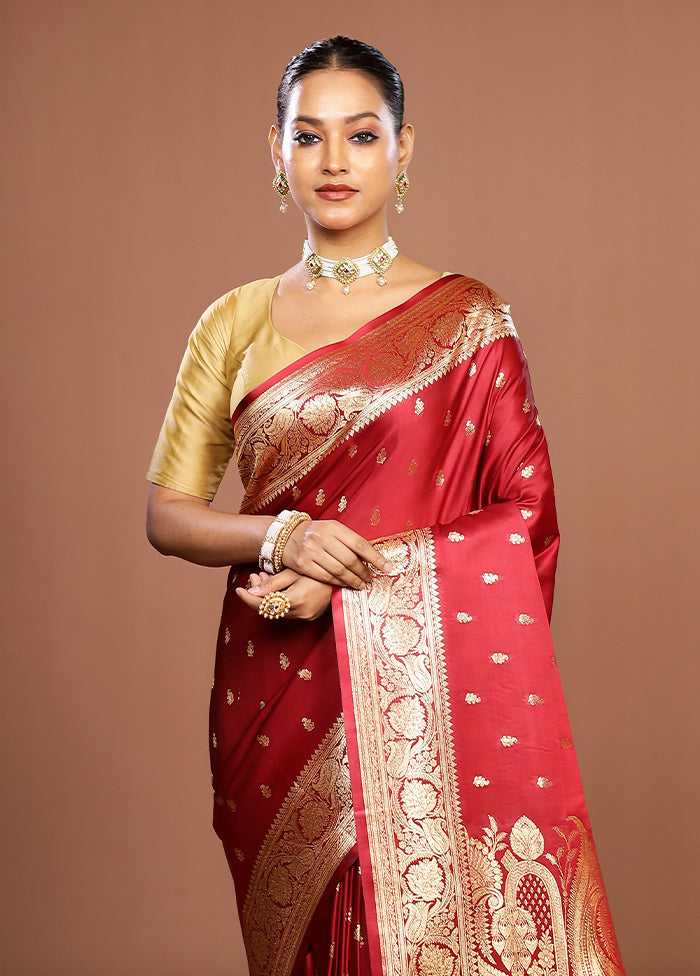 Maroon Banarasi Silk Saree With Blouse Piece