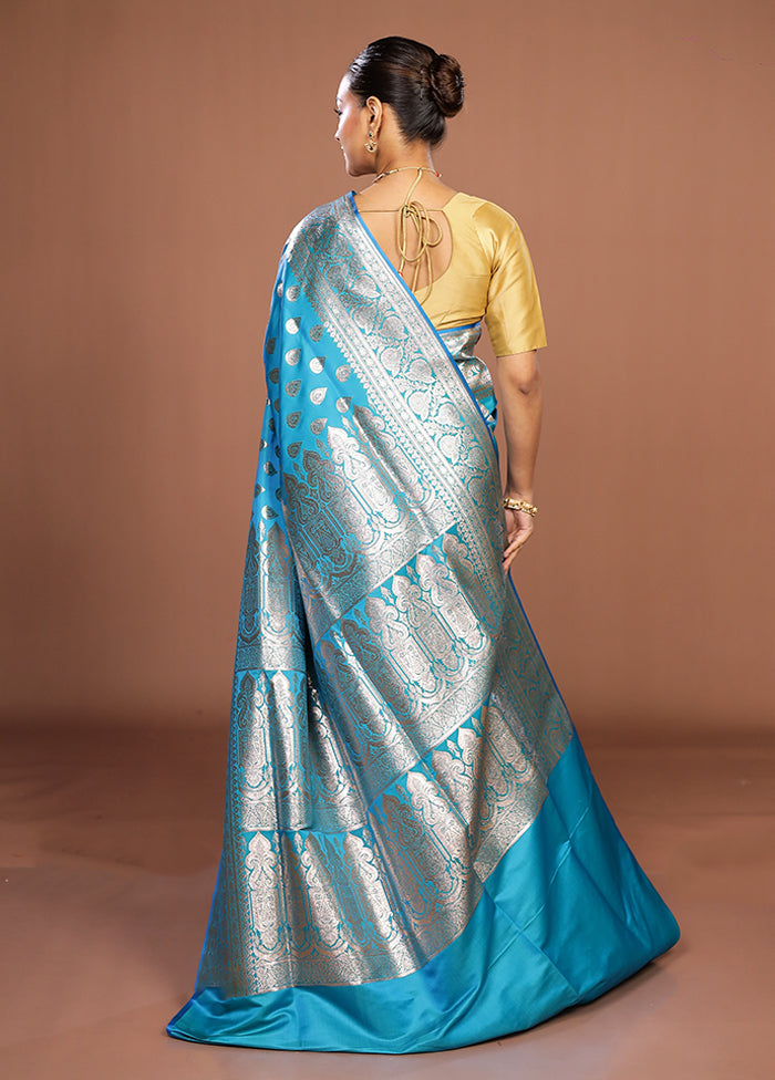 Blue Banarasi Silk Saree With Blouse Piece