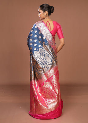 Blue Banarasi Silk Saree With Blouse Piece