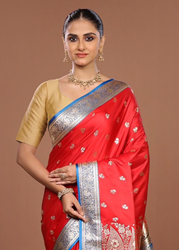 Red Banarasi Silk Saree With Blouse Piece