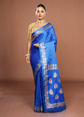 Blue Banarasi Silk Saree With Blouse Piece