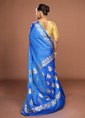 Blue Banarasi Silk Saree With Blouse Piece