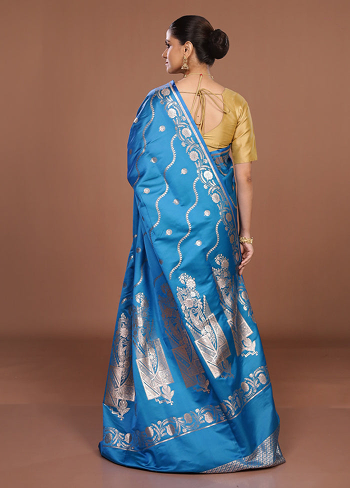 Blue Banarasi Silk Saree With Blouse Piece