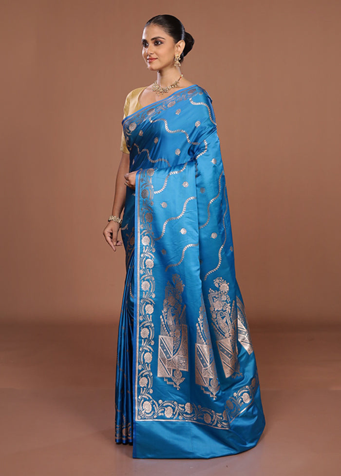 Blue Banarasi Silk Saree With Blouse Piece